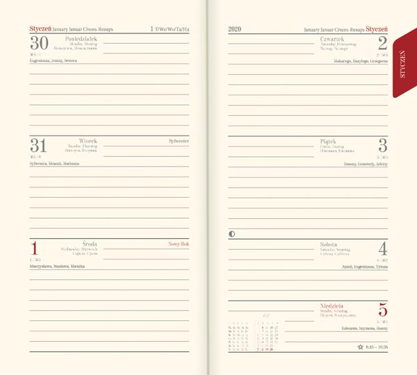 Kalendarz książkowy Model 11T - kalendarium
